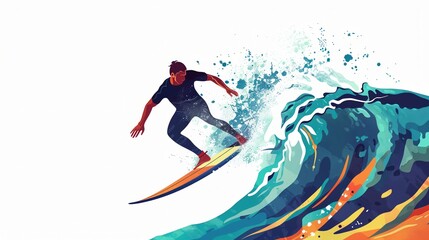 Vector illustration of a surfer surfing with high tide with water splashes