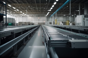Naklejka premium Conveyor belt in a modern warehouse. Conveyor belt in a warehouse.