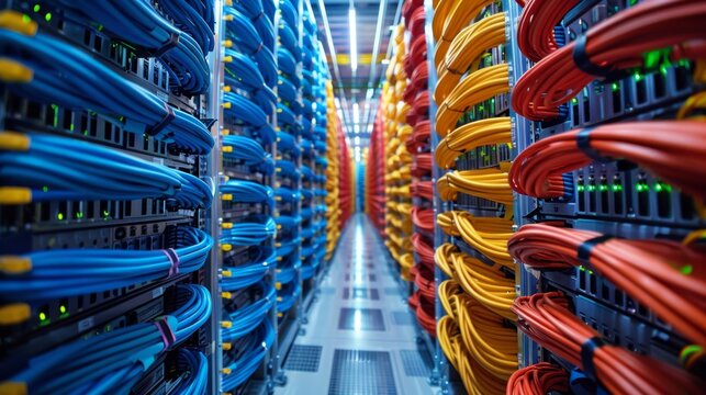 Data center with colorful network cables connected to server racks, showcasing modern technology and high-speed internet infrastructure.