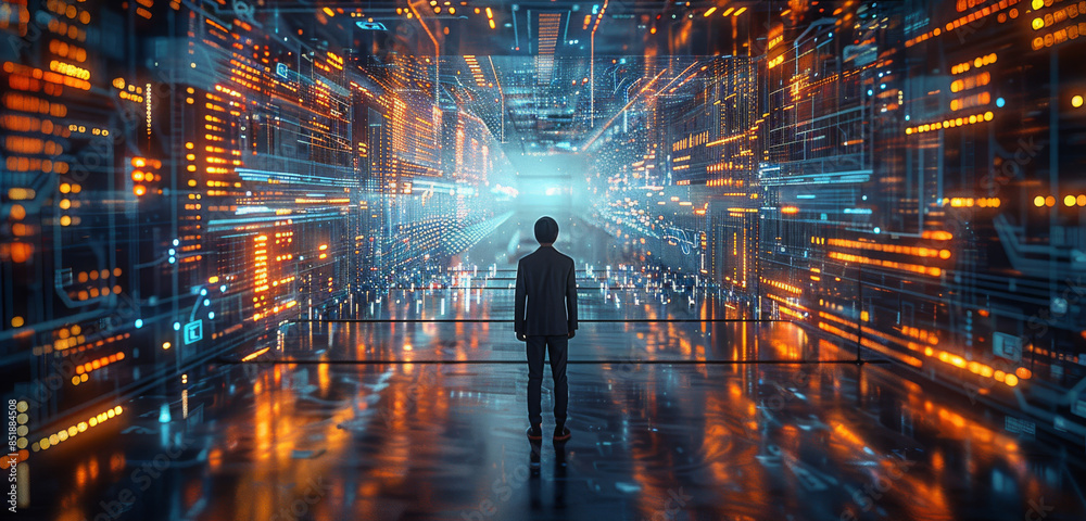Leinwandbilder a office person cheerfully looking at a path, with ai on the screen, presenting ai future potential 