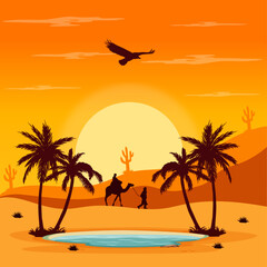 Caravan with camel, sand desert illustration background