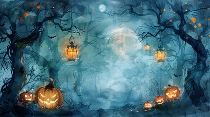 Spooky Halloween night in a dark forest with glowing jack-o'-lanterns, misty fog, twisted trees, and creepy lanterns under a blue moon.