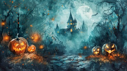 Spooky Halloween scene with glowing pumpkins, eerie castle, and full moon in a dark, misty forest.