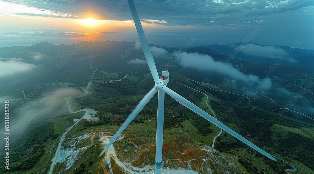 Poster Top view of a wind turbines. Generative AI.