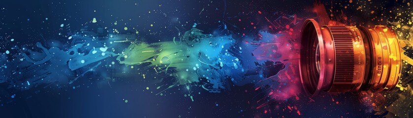 Vibrant color splash emerging from camera lens on dark background, representing creativity and dynamic photography, perfect for digital art.