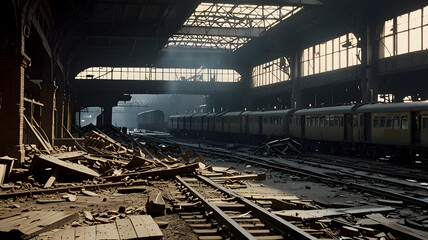 A bombed-out train station with shattered platforms, overturned railcars, and debris scattered around, emphasizing the disruption of transportation and communication during wartime