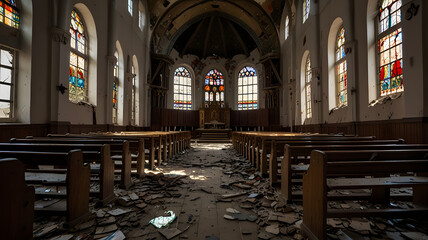 A church damaged by shelling, with shattered stained glass windows, a partially collapsed roof, and debris littering the floor, symbolizing the cultural and spiritual losses during war