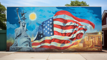 Naklejka premium Colorful mural featuring the Statue of Liberty and the American flag on a sunny day, symbolizing patriotism and freedom.