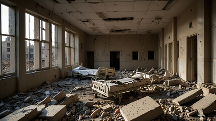 A hospital building reduced to rubble, with medical equipment scattered and walls caved in, symbolizing the humanitarian crises caused by the destruction of medical facilities during war