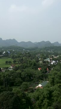panoramic view of the plain near the mountains full of greenery and crop fields in a quiet place in hanoi vietnam