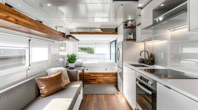Modern and stylish interior of a compact and luxurious campervan featuring a small kitchen, living area, and bed.