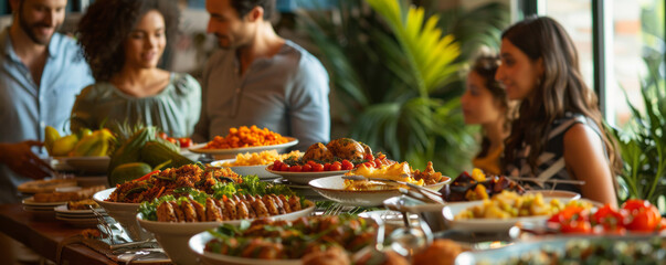 A family hosting a multicultural dinner party, with dishes from around the world served buffet-style.