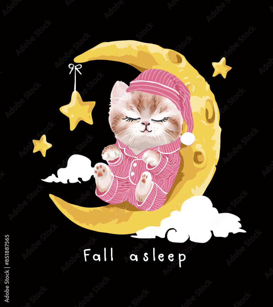 Wall mural cute kitten in pink pajamas sleeping on the moon hand drawn vector illustration