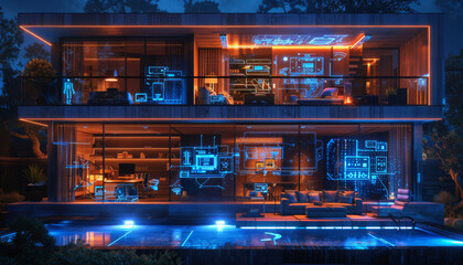 Fototapeta premium a smart home with various connected devices and digital holographic blueprints on the walls, representing modern technology in house architecture