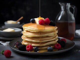 Stack of pancakes with berries and honey.