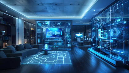 a smart home with various connected devices and digital holographic blueprints on the walls, representing modern technology in house architecture