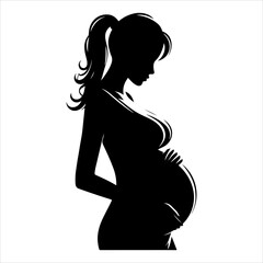 Black silhouette of a pregnant woman with straight hair. pregnant woman vector illustration	
