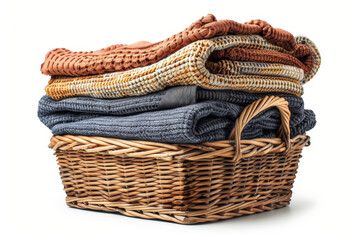 Obraz premium a stack of clothing laundry in a wicker basket isolated on a white background