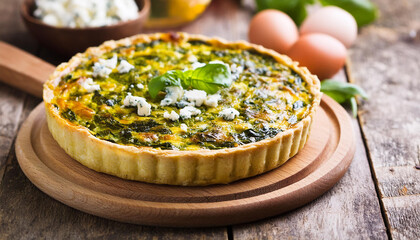 Fresh baked homemade spinach and feta quiche on round wooden board. Delicious pie. Tasty food