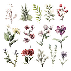  Plants in bloom. Watercolor style. Set botanic blossom wildflowers.