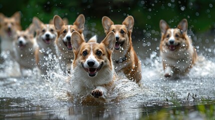 A pack of corgis running through a shallow stream of water, splashing and having fun.