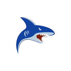 Illustration of a blue shark logo with sharp fangs, flat logo animation