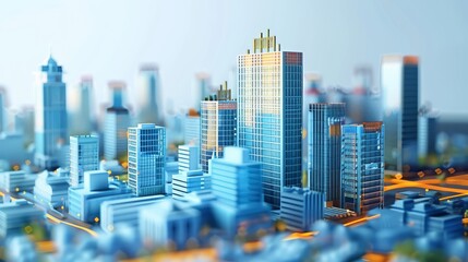 Building model with data bar graph, blue cityscape background, simple composition. Generative AI.
