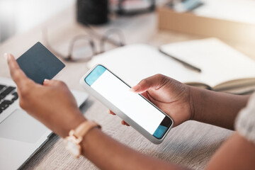 Woman, screen of phone with credit card in hands for internet banking, connection and online login. Desk, transaction and mockup with fintech at home for ecommerce, payment or verification of code