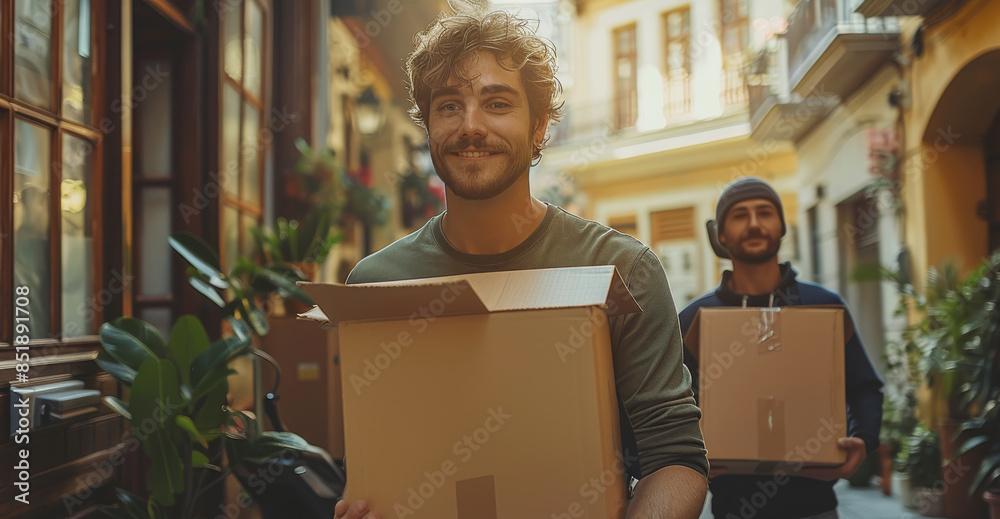 Poster friends helping each other move into a new apartment, carrying boxes and assembling furniture, creat