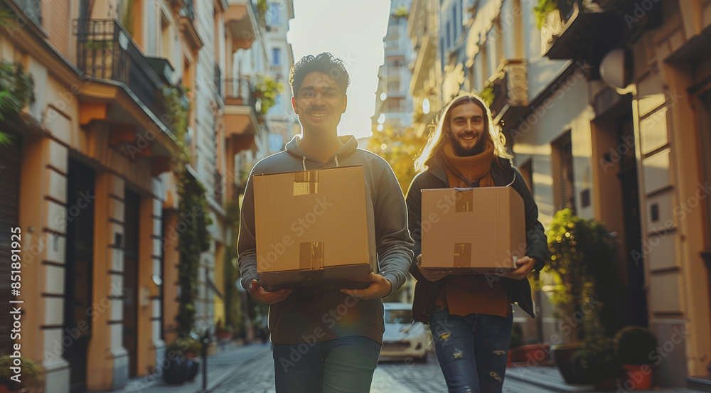 Poster friends helping each other move into a new apartment, carrying boxes and assembling furniture, creat