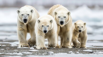 Obraz premium A polar bear family walks across a snowy landscape. The mother leads the way with her three cubs.
