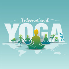 Obraz premium Yoga Day June 21st. People practicing yoga background. Vector illustration.