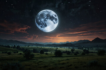 A large moon is in the sky above a mountain range