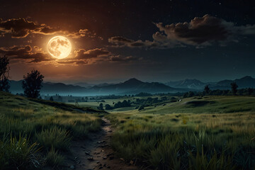 A large moon is in the sky above a mountain range