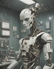 Fototapeta premium An android robot from the future is sitting in a repair room