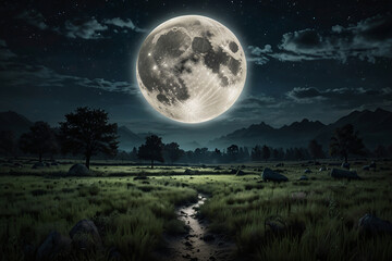 A large moon is in the sky above a mountain range