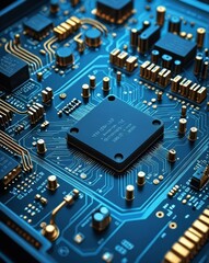 A hyperrealistic macro photograph of a circuit board, showcasing the intricate connections and components, with a futuristic and high-tech aesthetic.
