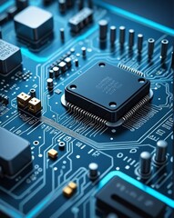 A hyperrealistic macro photograph of a circuit board, showcasing the intricate connections and components, with a futuristic and high-tech aesthetic.