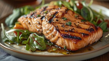 A beautifully grilled salmon fillet served on a rustic plate with a side of fresh greens, rustic, appetizing. Generative AI.