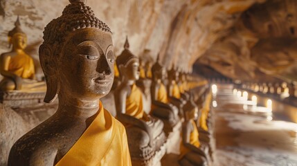 A row of serene Buddha statues inside a cave, illuminated by soft light.