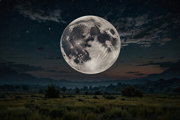 A large moon is in the sky above a mountain range
