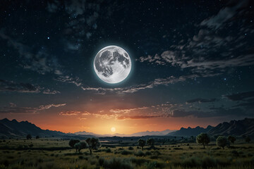 A large moon is in the sky above a mountain range