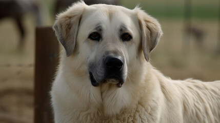 Close-up portrait of an Anatolian shepherd with soft background.