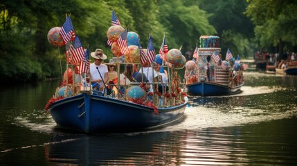 Obraz premium Colorful parade of decorated boats with American flags on a tranquil river, surrounded by lush greenery, celebrating a special event.