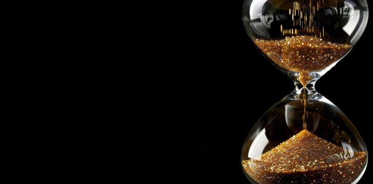 Close-up of a sparkling sand hourglass against a black backdrop representing time and urgency