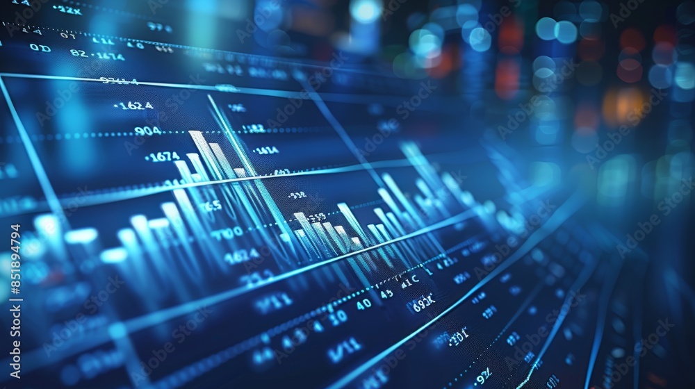 Poster stock graph and financial chart background. blue background. generative ai.