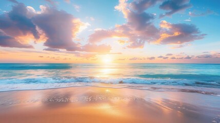Obraz premium Serene beach at sunset with golden sand and vibrant hues reflecting on the calm ocean, creating a tranquil and picturesque scene