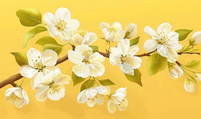 "White Apple Tree Flowers in Spring on a Bright Yellow Background - High-Quality Artistic Photograph"