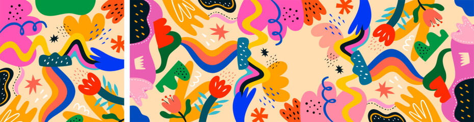 Colorful art floral background. Abstract bright doodles with flowers and leaves