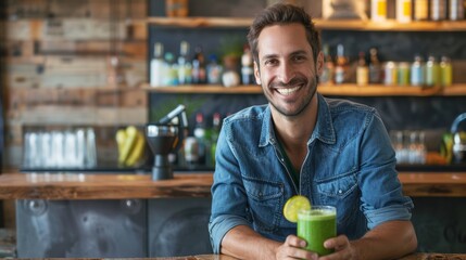 Fototapeta premium Handsome man enjoying a green smoothie at a rustic bar environment
